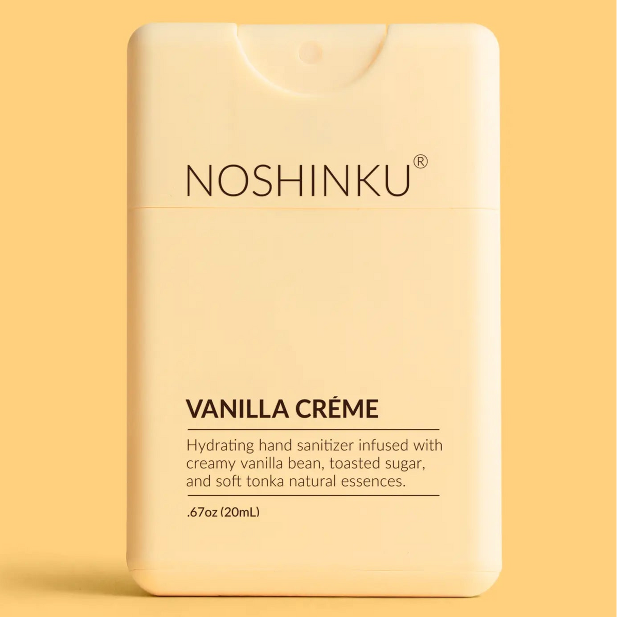 Noshinku Vanilla Creme hand sanitizer packaging on a yellow background