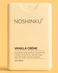 Noshinku Vanilla Creme hand sanitizer packaging on a yellow background