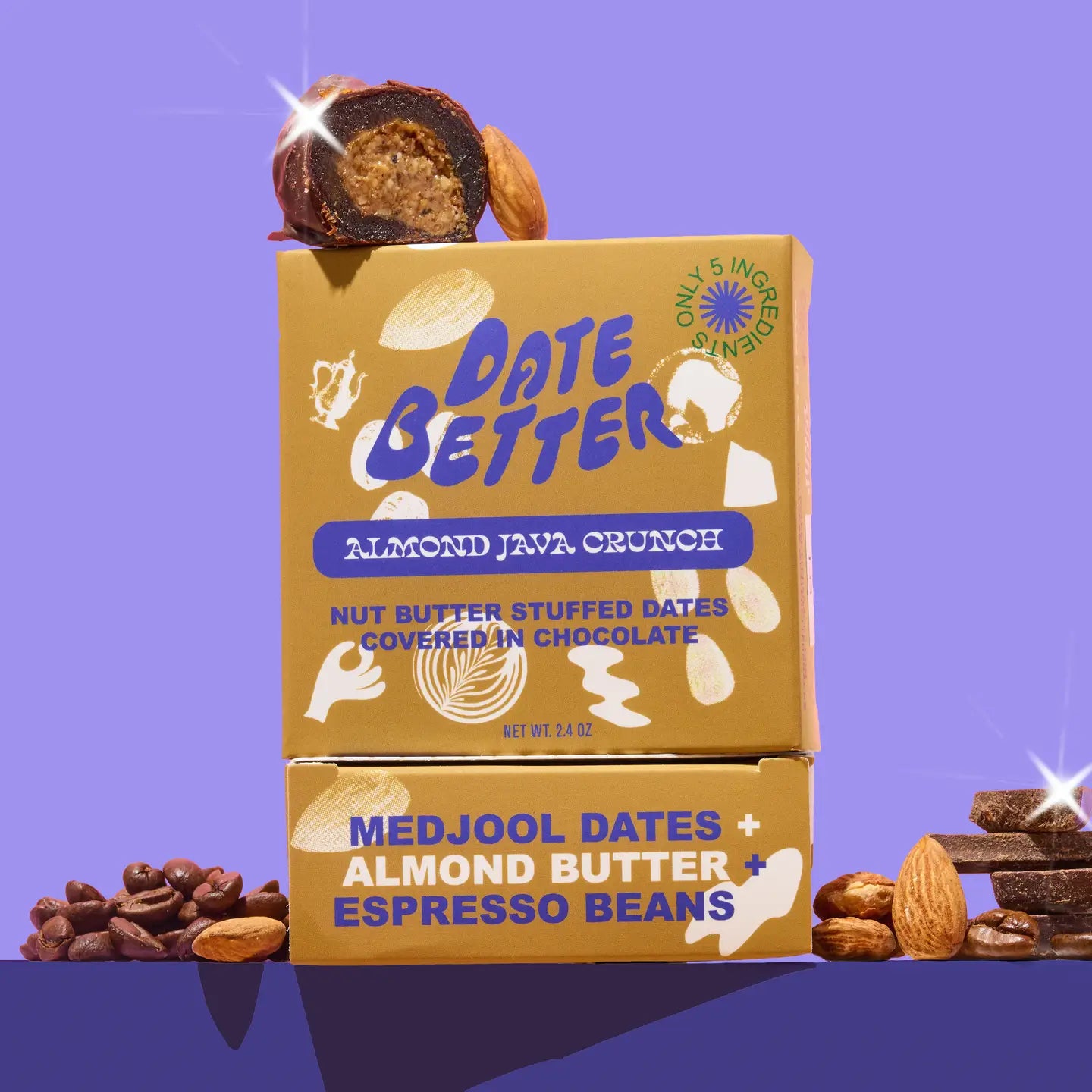 Box of 'Date Better' Almond Java Crunch on a purple background with ingredients visible