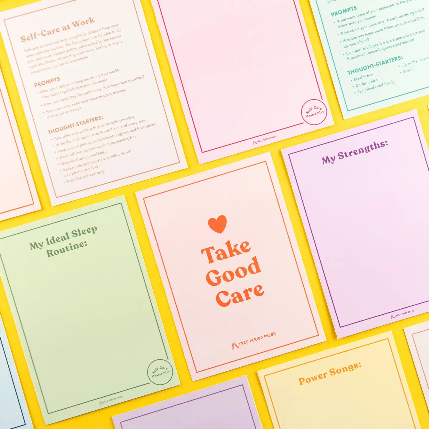 Set of colorful self-care cards with various prompts on a yellow background