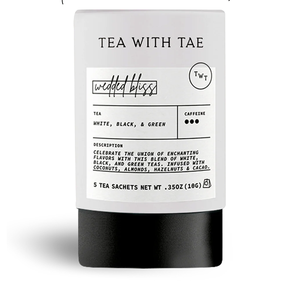white tube that says wedded bliss tea with tae in black text 