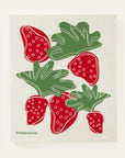 Dishcloth with red strawberries and green leaves on a white background