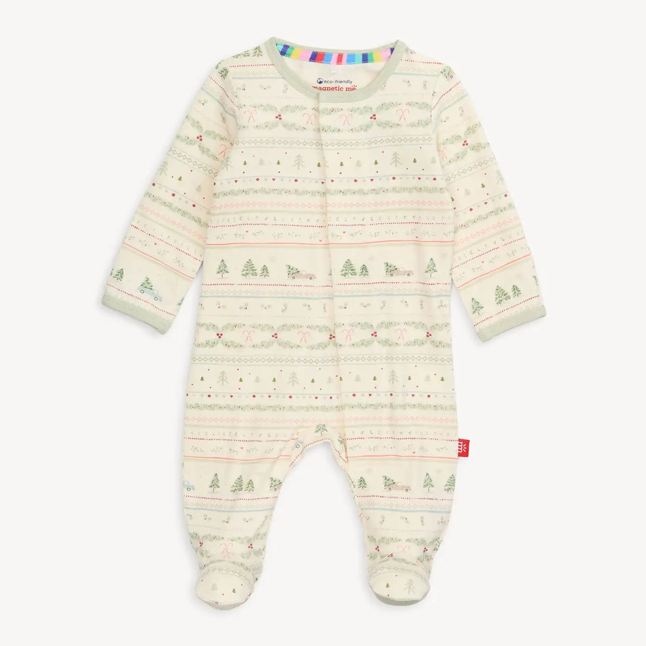 Baby onesie with forest pattern on a white background