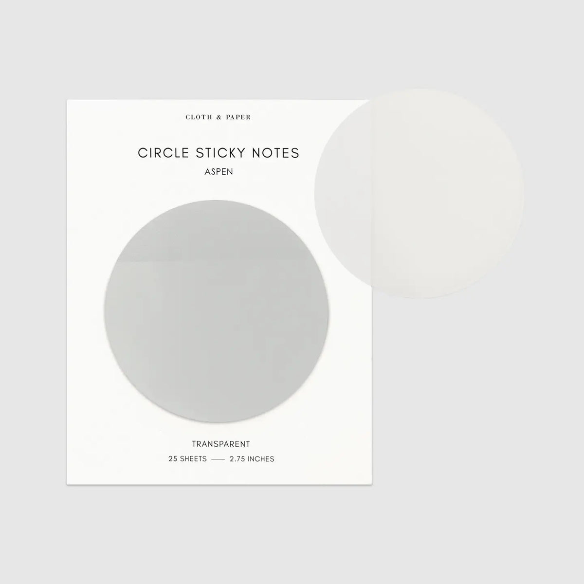 A pack of transparent circle sticky notes labeled 'CLOTH & PAPER CIRCLE STICKY NOTES ASPEN' on a light gray background, with one note shown peeled off to the right.