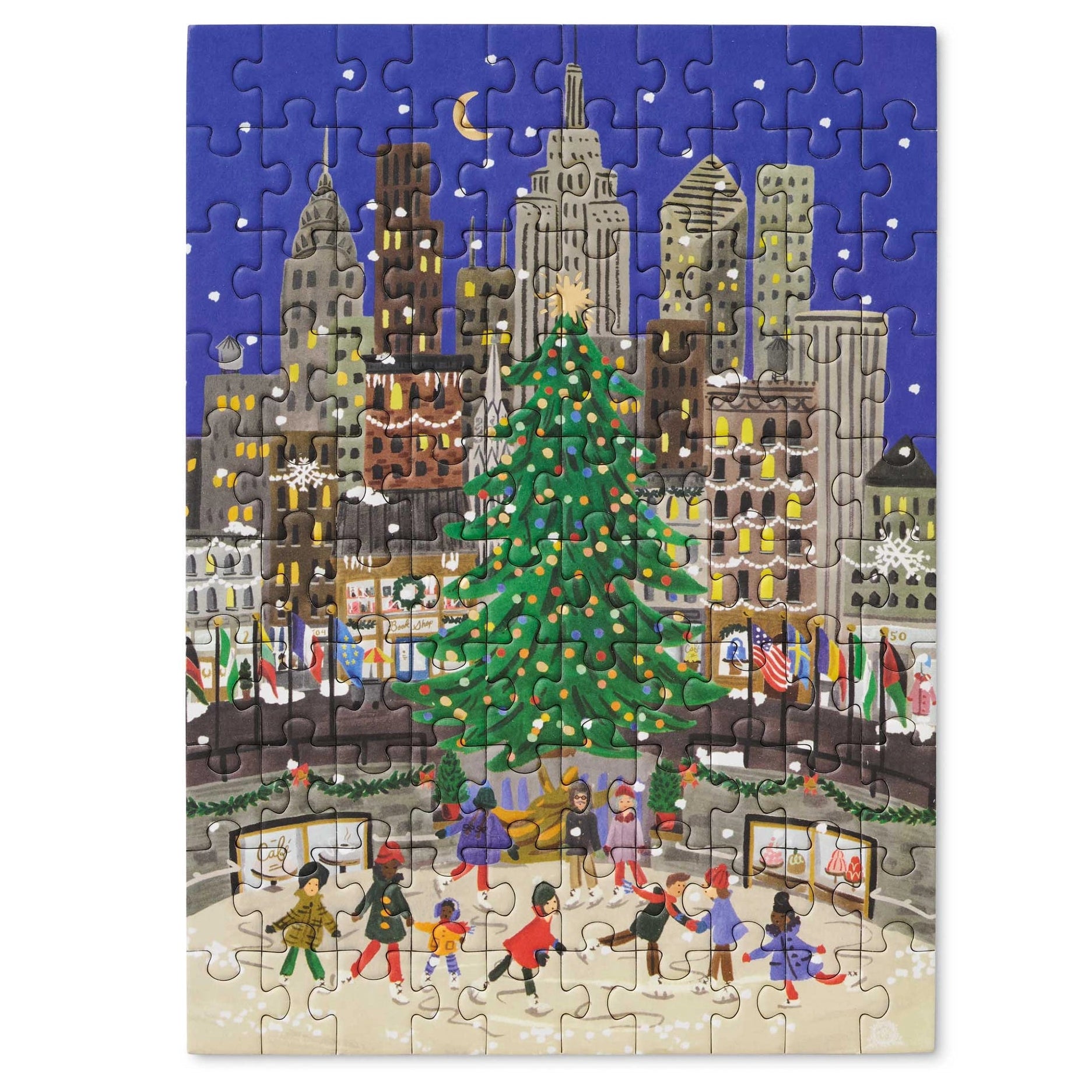 Jigsaw puzzle with a Christmas-themed cityscape design on a blue background
