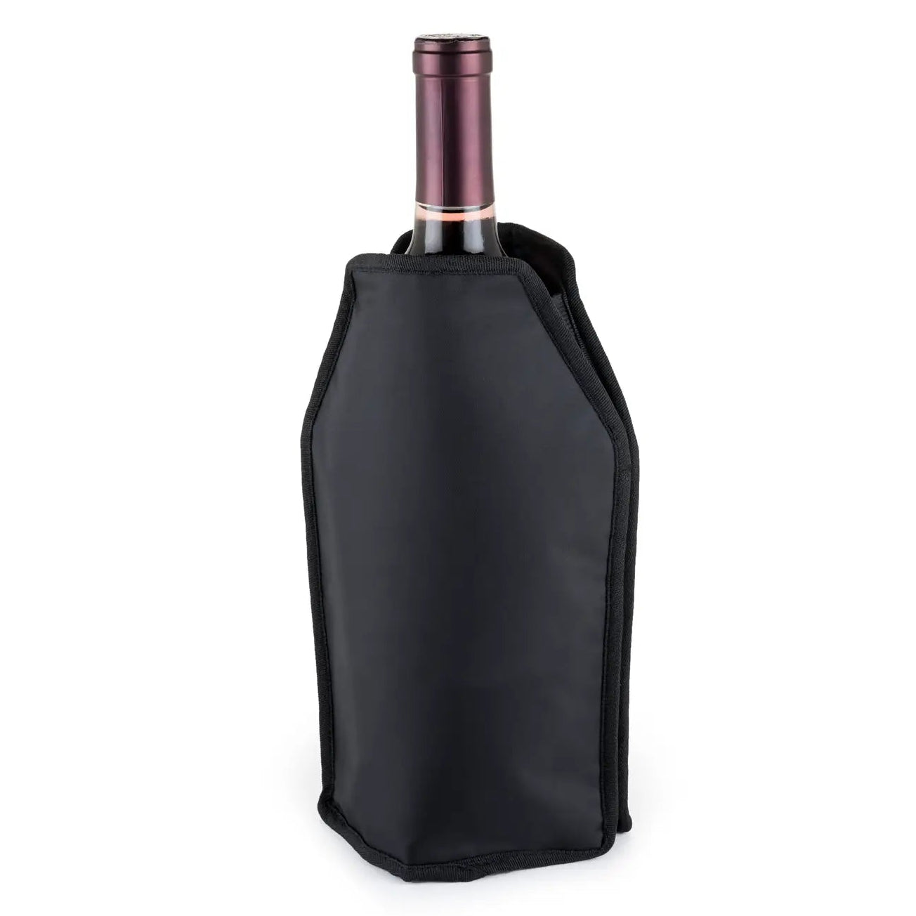 Black wine bottle cooler with a wine bottle on a white background