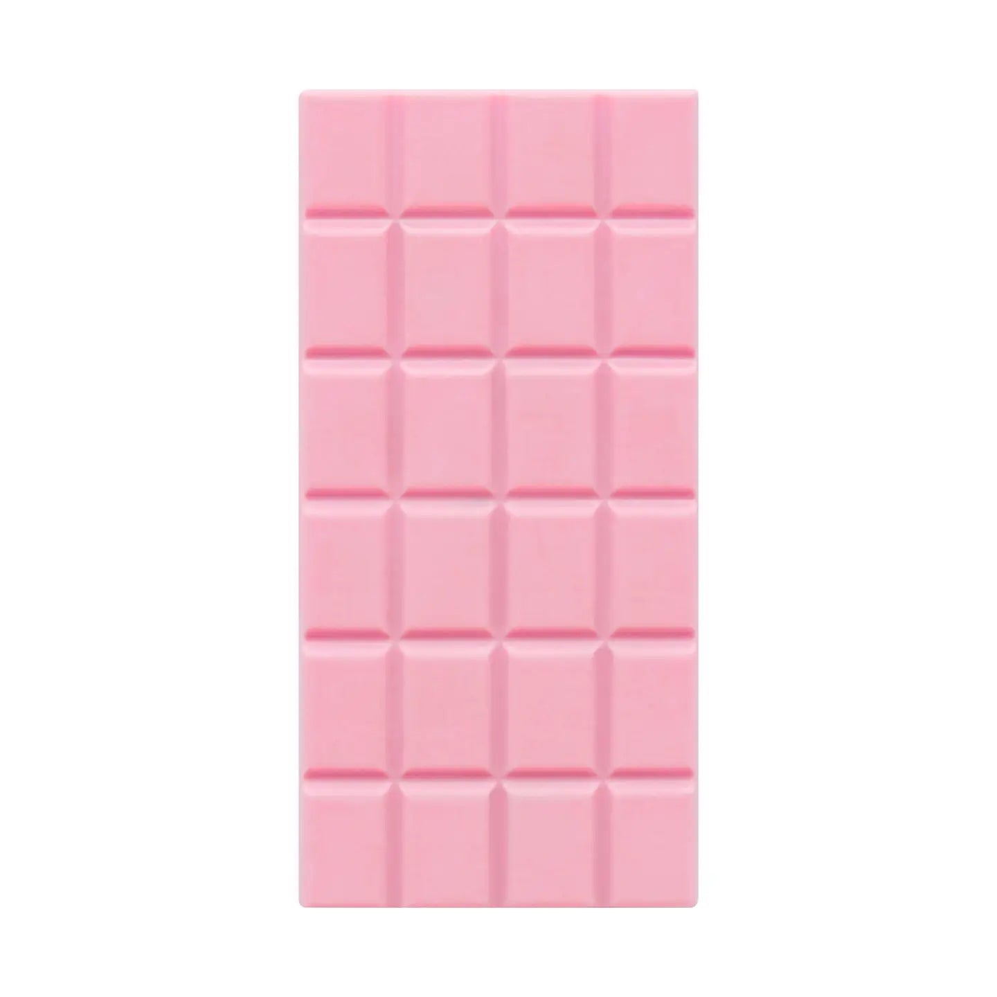 Pink chocolate bar with a grid pattern on a white background