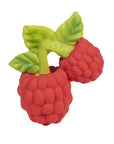 Red raspberry-shaped toy with green leaves on a white background