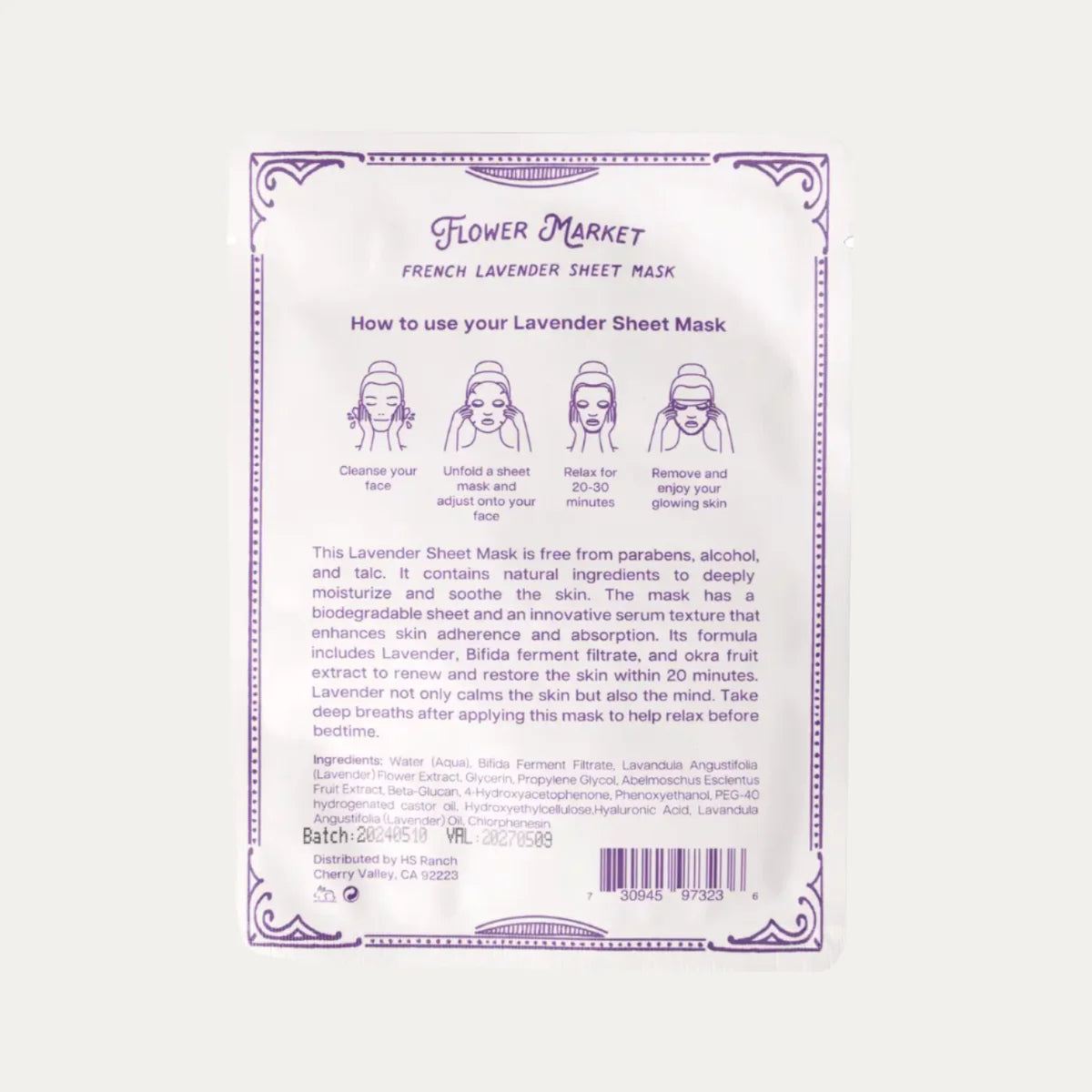 Flower Market French Lavender sheet mask packaging with usage instructions on a white background