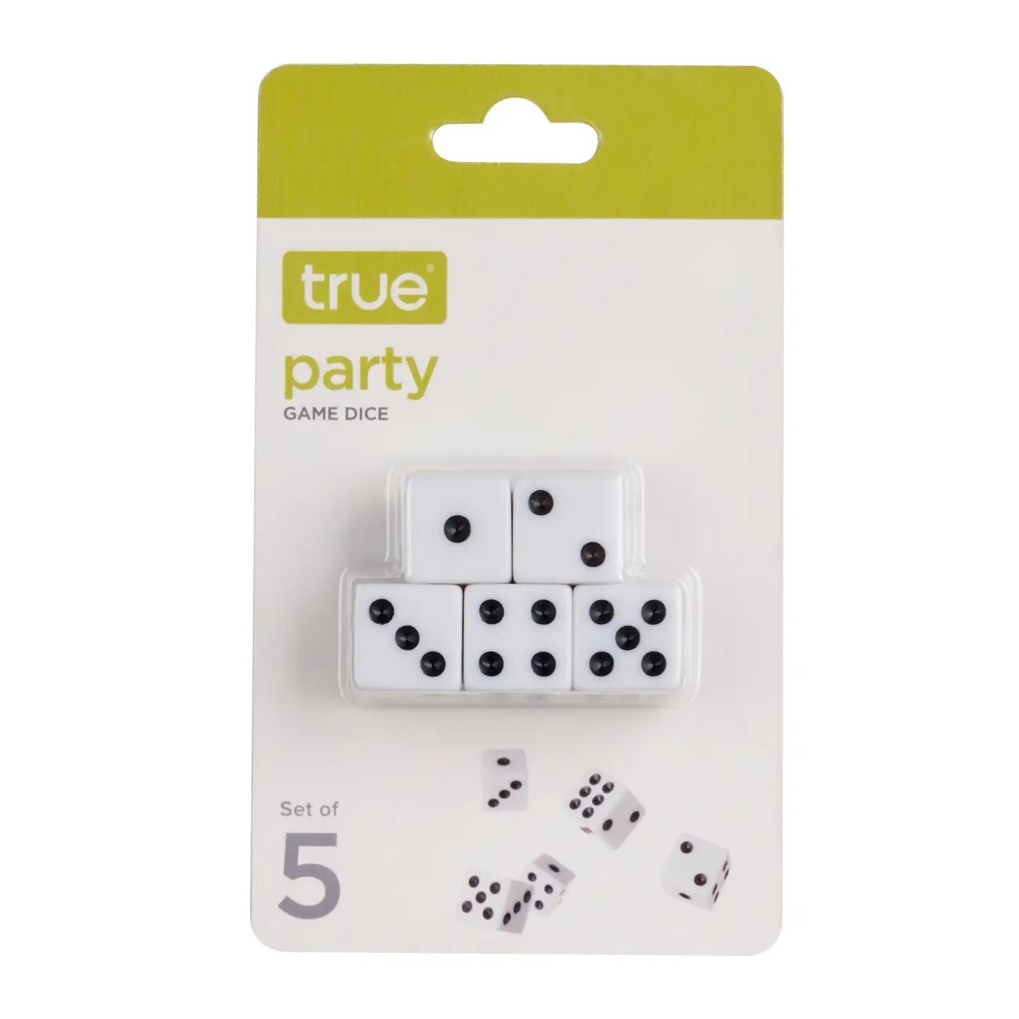True party playing dice set of 5 in a green and white package