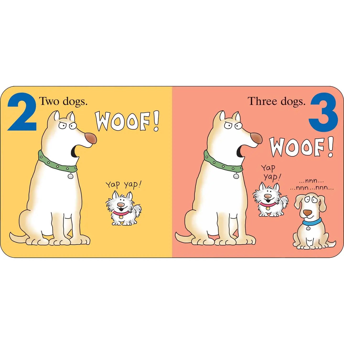 Illustration of two dogs on a yellow background with 'WOOF!' text, transitioning to three dogs on a pink background with 'WOOF!' text.
