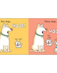 Illustration of two dogs on a yellow background with 'WOOF!' text, transitioning to three dogs on a pink background with 'WOOF!' text.
