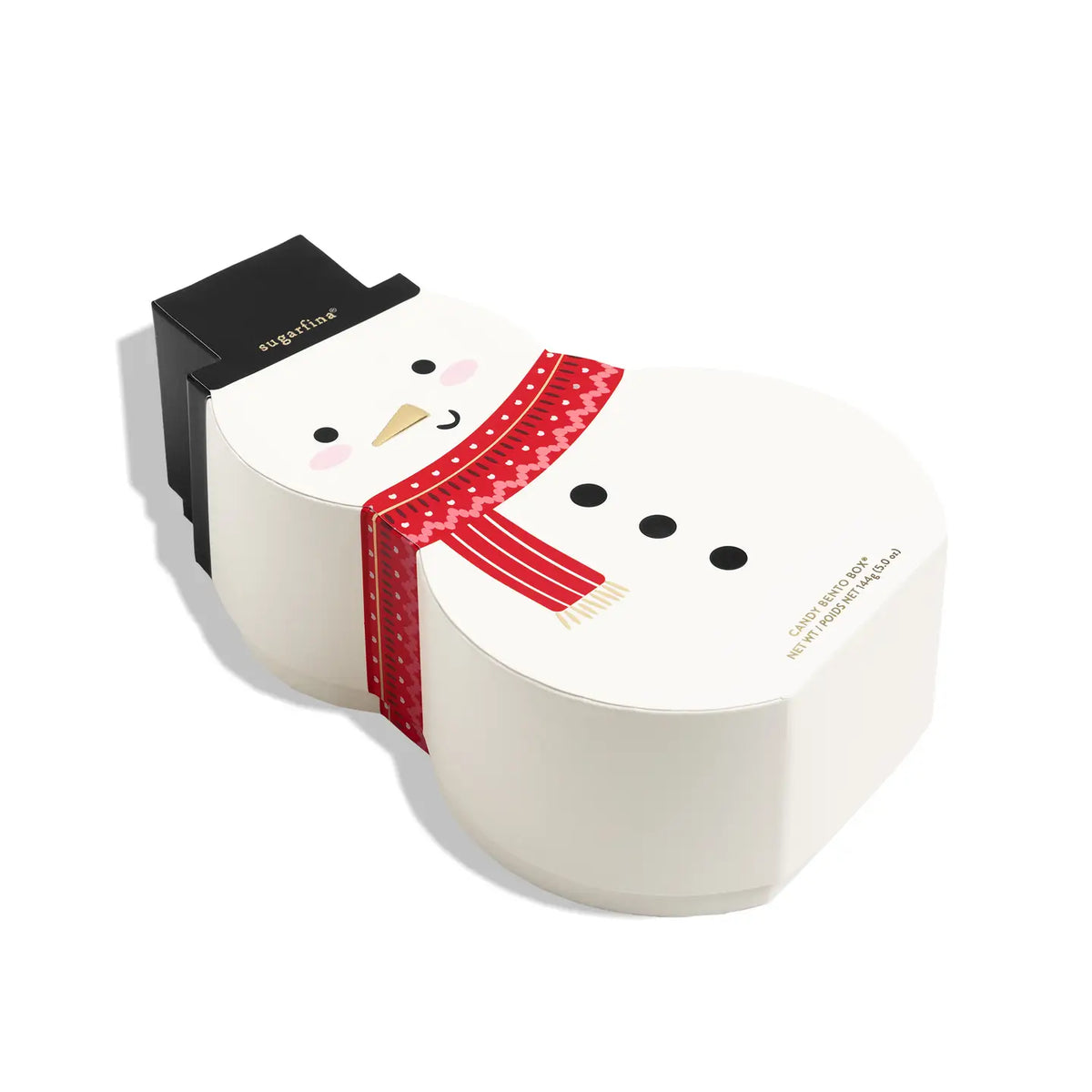 A snowman-shaped product box with a white body, black head, red patterned scarf, and small gold facial details, photographed on a clean white background.