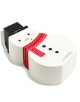 A snowman-shaped product box with a white body, black head, red patterned scarf, and small gold facial details, photographed on a clean white background.