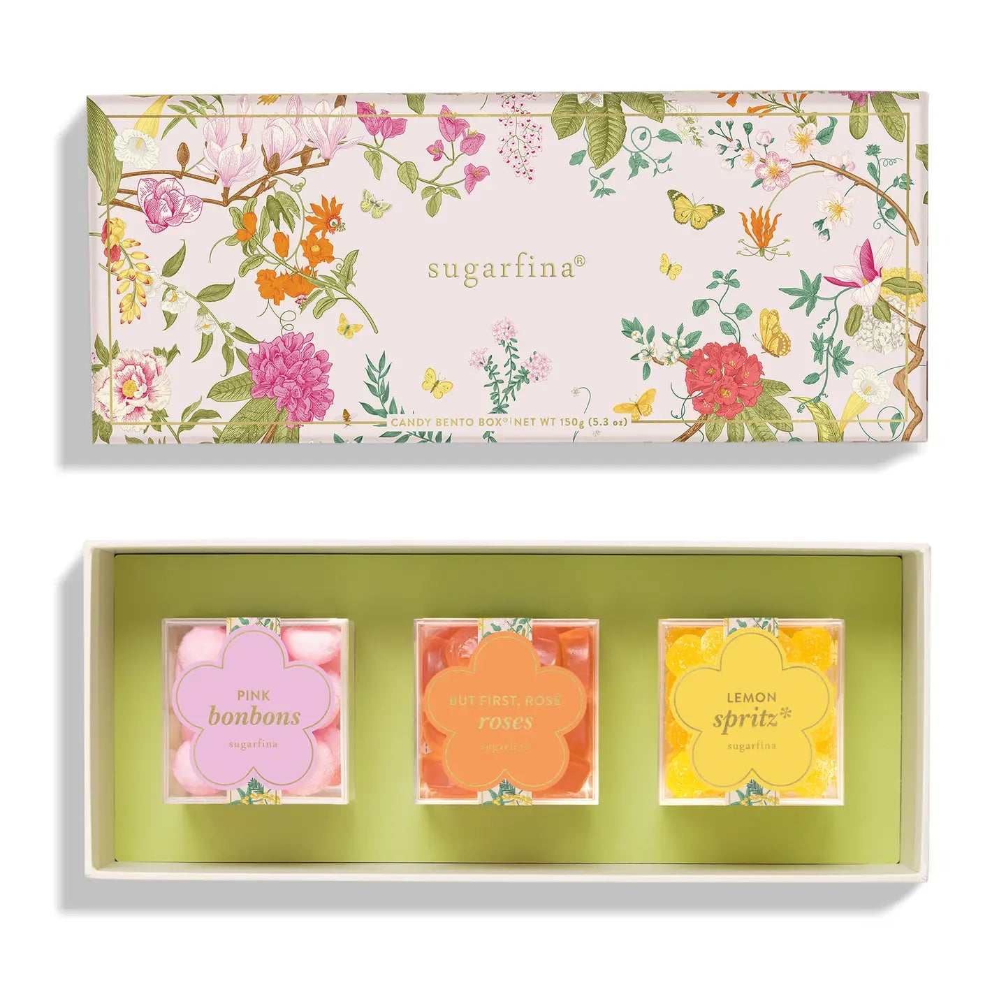 sugarfina candy box with floral design and three candy packages inside