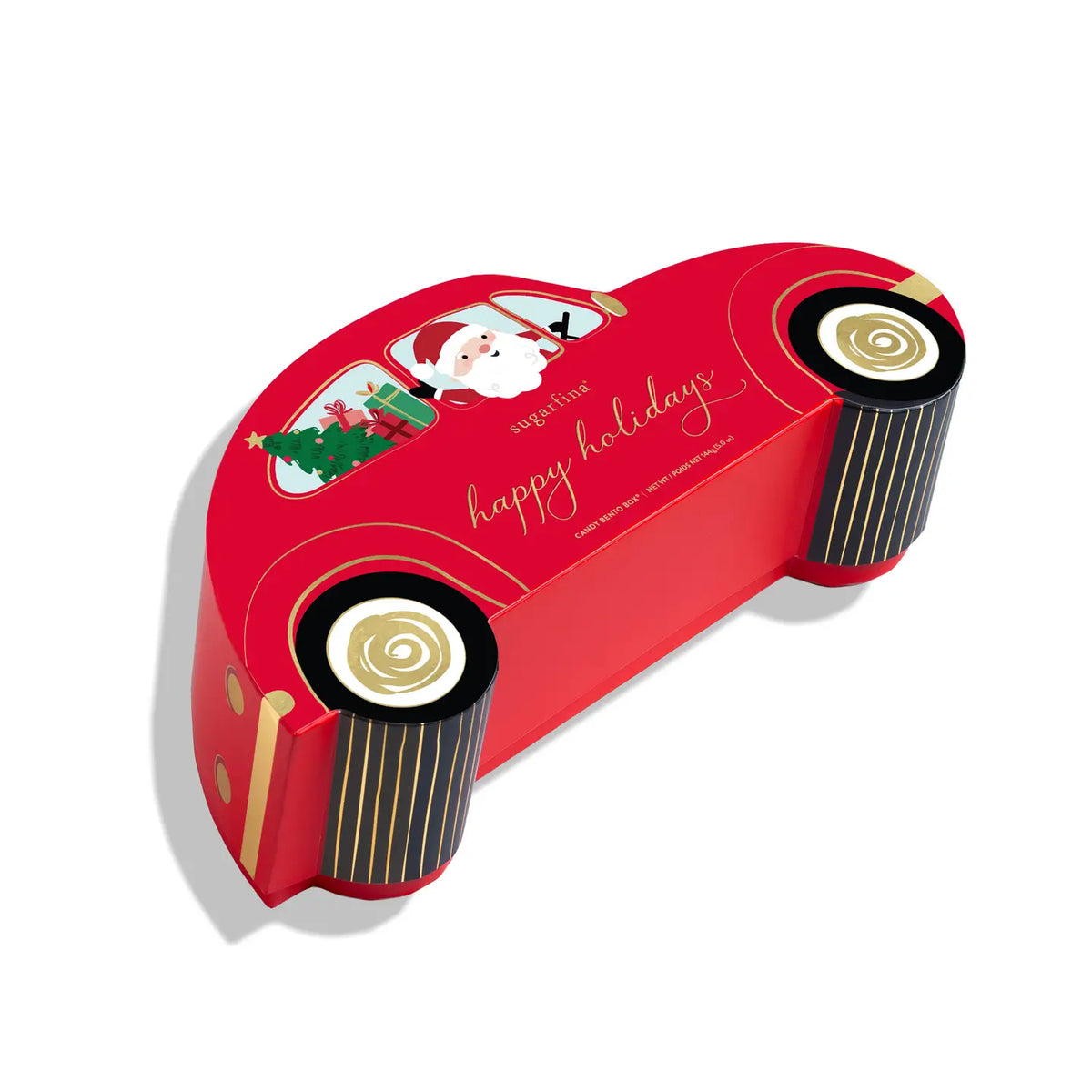 A red Christmas-themed car-shaped gift box with illustrations of Santa Claus, a tree, and gold lettering that reads 'happy holidays' on a white background.
