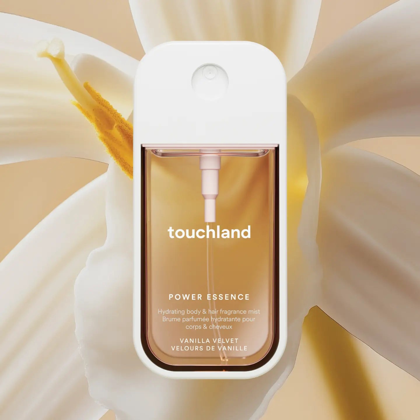 Touchland Power Essence bottle with a white cap on a beige background