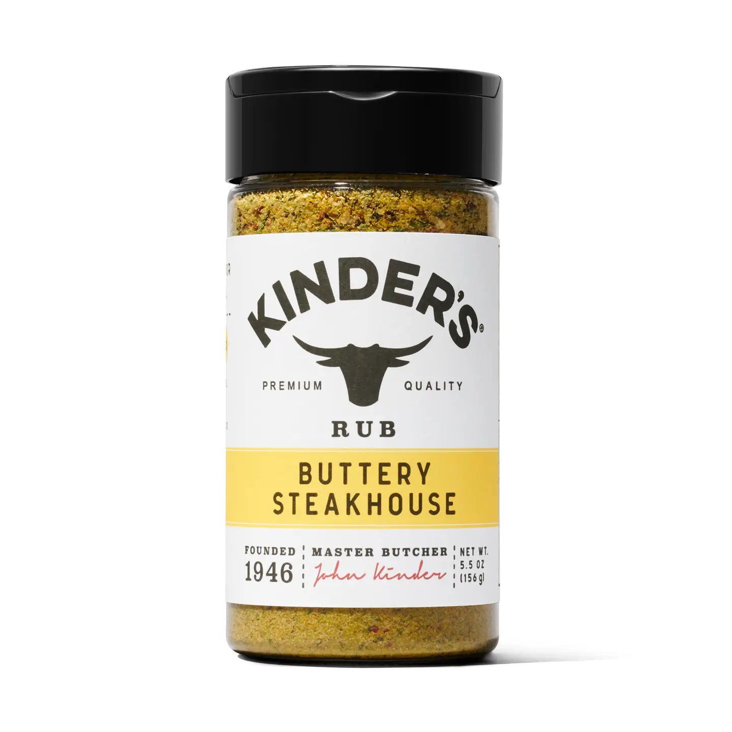 Jar of Kinder's Buttery Steakhouse seasoning on a white background