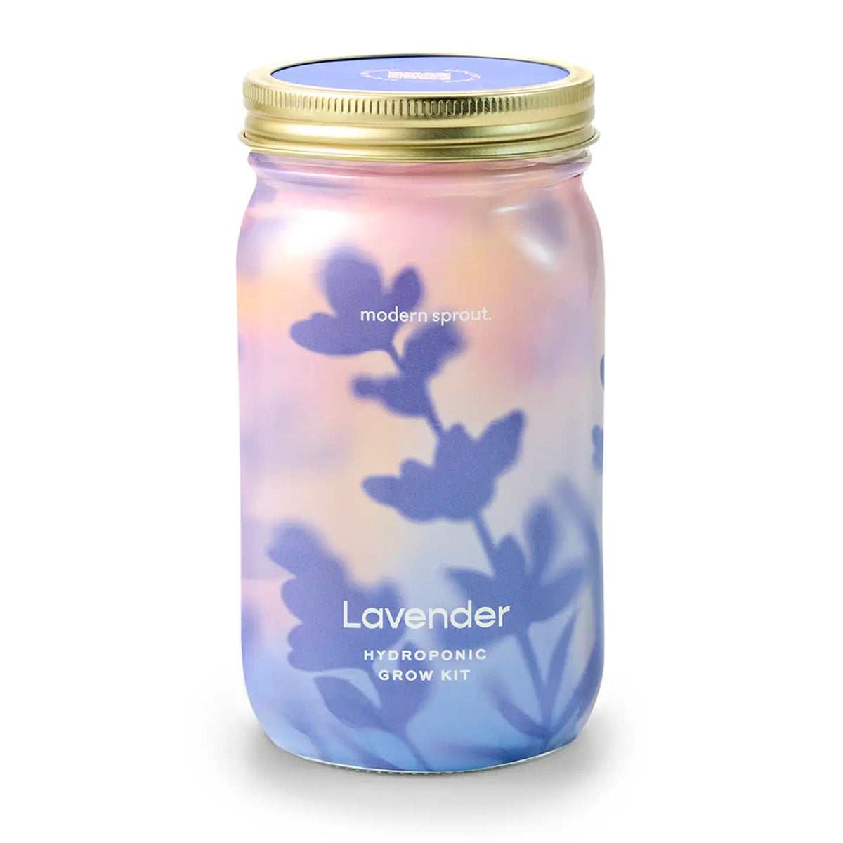 Mason jar with lavender design and 'modern sprout' branding on a white background