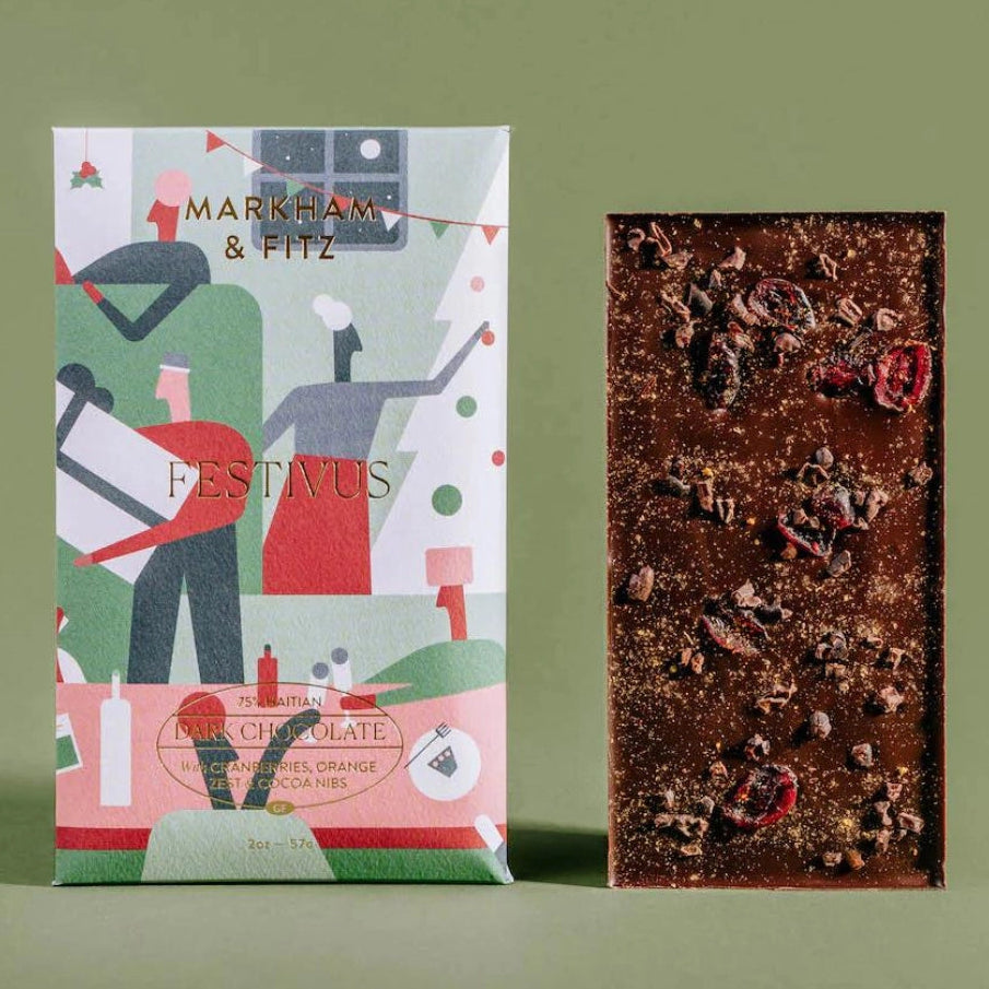 Chocolate bar with decorative packaging on a green background