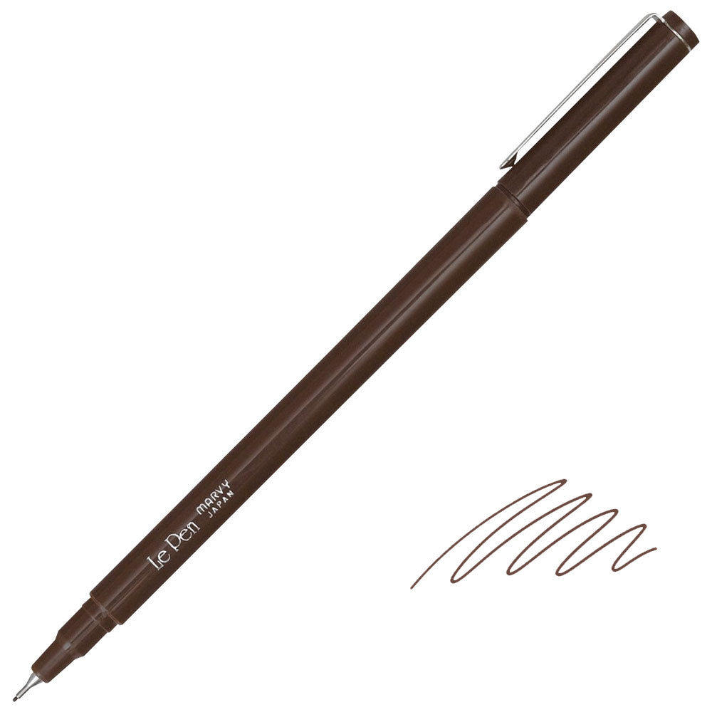 A brown LePen micro pen with a silver metal tip and clip, shown diagonally on a white background with a brown ink swatch in the bottom right corner.