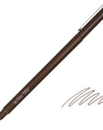 A brown LePen micro pen with a silver metal tip and clip, shown diagonally on a white background with a brown ink swatch in the bottom right corner.
