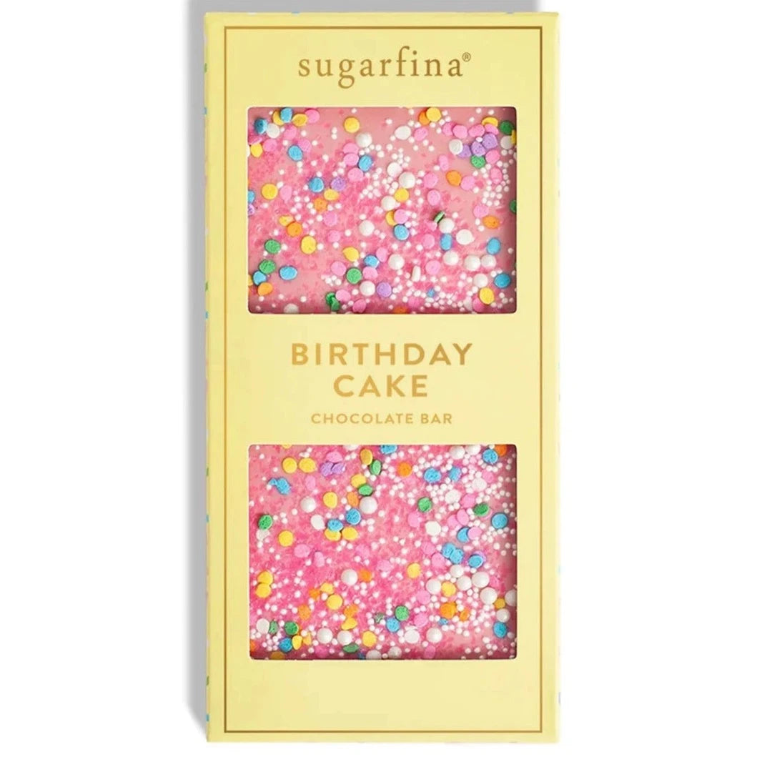 Pink Birthday Cake Chocolate Bar in Yellow packaging