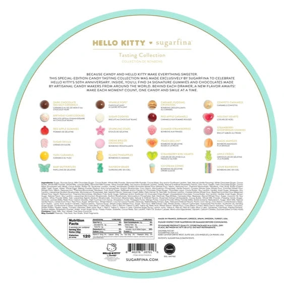 The back panel of a Hello Kitty advent calendar, showcasing a list of candies included. It describes the "Hello Kitty x Sugarfina Tasting Collection," featuring 25 artisanal gummies and chocolates. Each candy is pictured with its description and ingredients, alongside a nutrition facts label at the bottom.