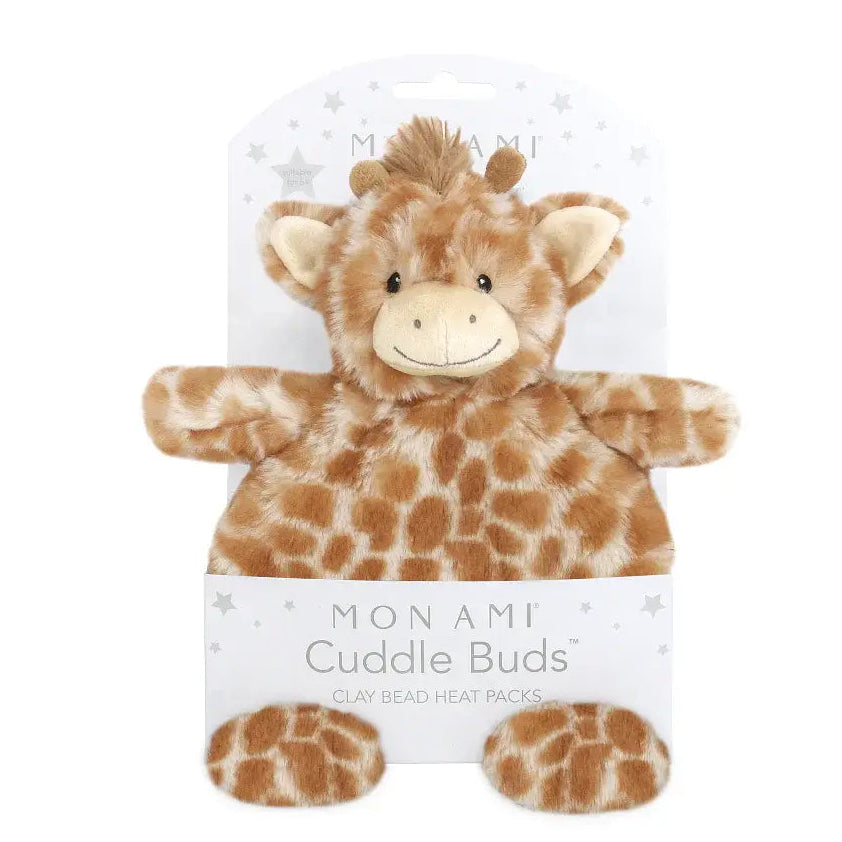 Giraffe-shaped plush toy with Monami branding on a white background