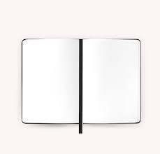 An open blank notebook with two white pages and a thin black center seam, shown on a plain light background.