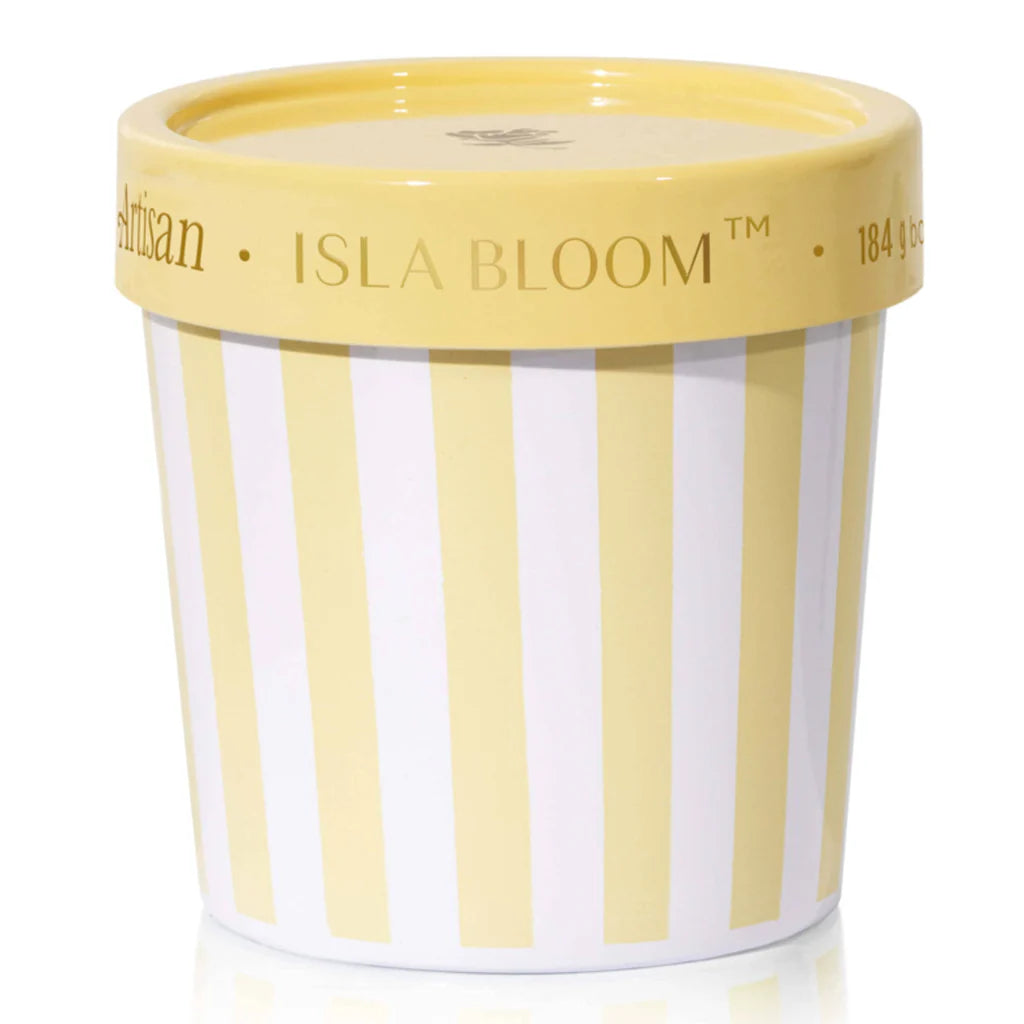 Isla Bloom container with yellow and white striped design on a white background