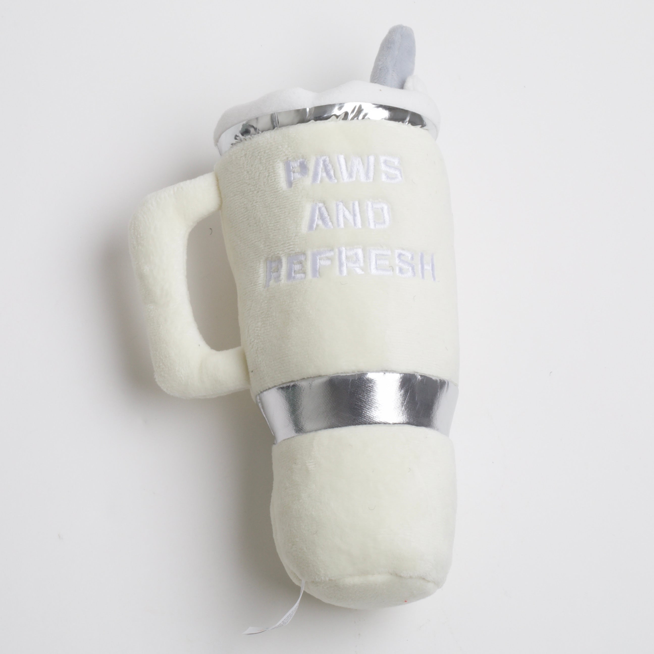 snuggly cup dog toy that says 'PAWS AND REFRESH'