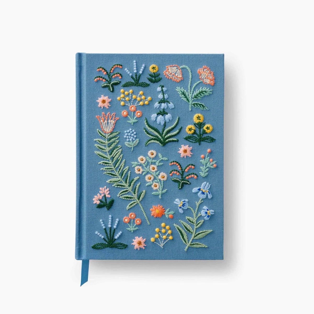 Light blue fabric journal. Has embroidered flowers all over the cover. Flower stitching colors vary in shades of green, blue, yellow, red/pink