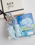 BOXFOX New Baby Boy Box including a swaddle, bunny soother, teether, hat, and book.
