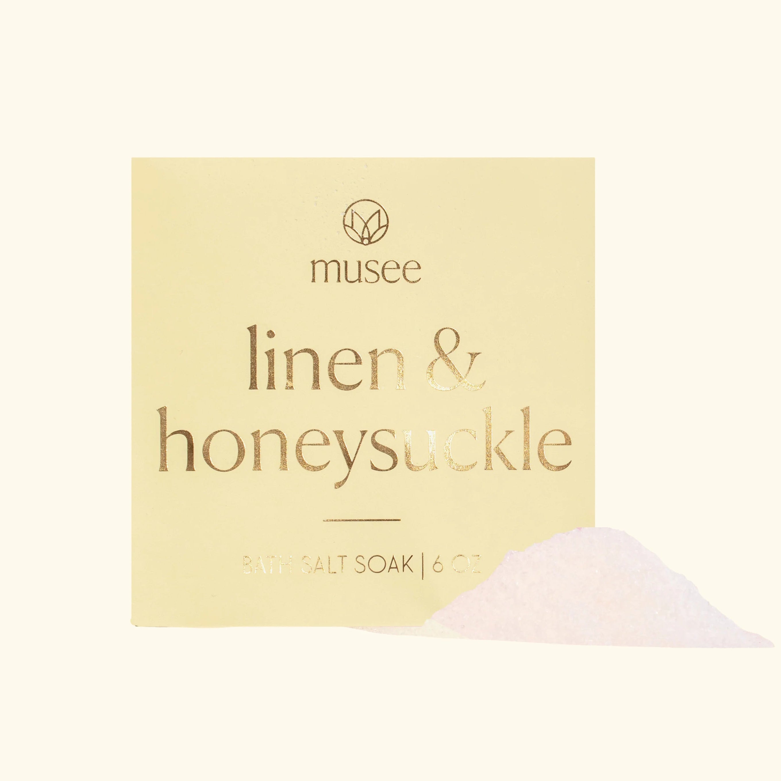 Musee linen &amp; honeysuckle salt soap packaging on a white background