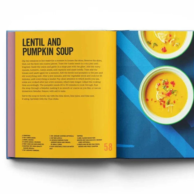 book open to Lentil & Pumpkin Soup recipe