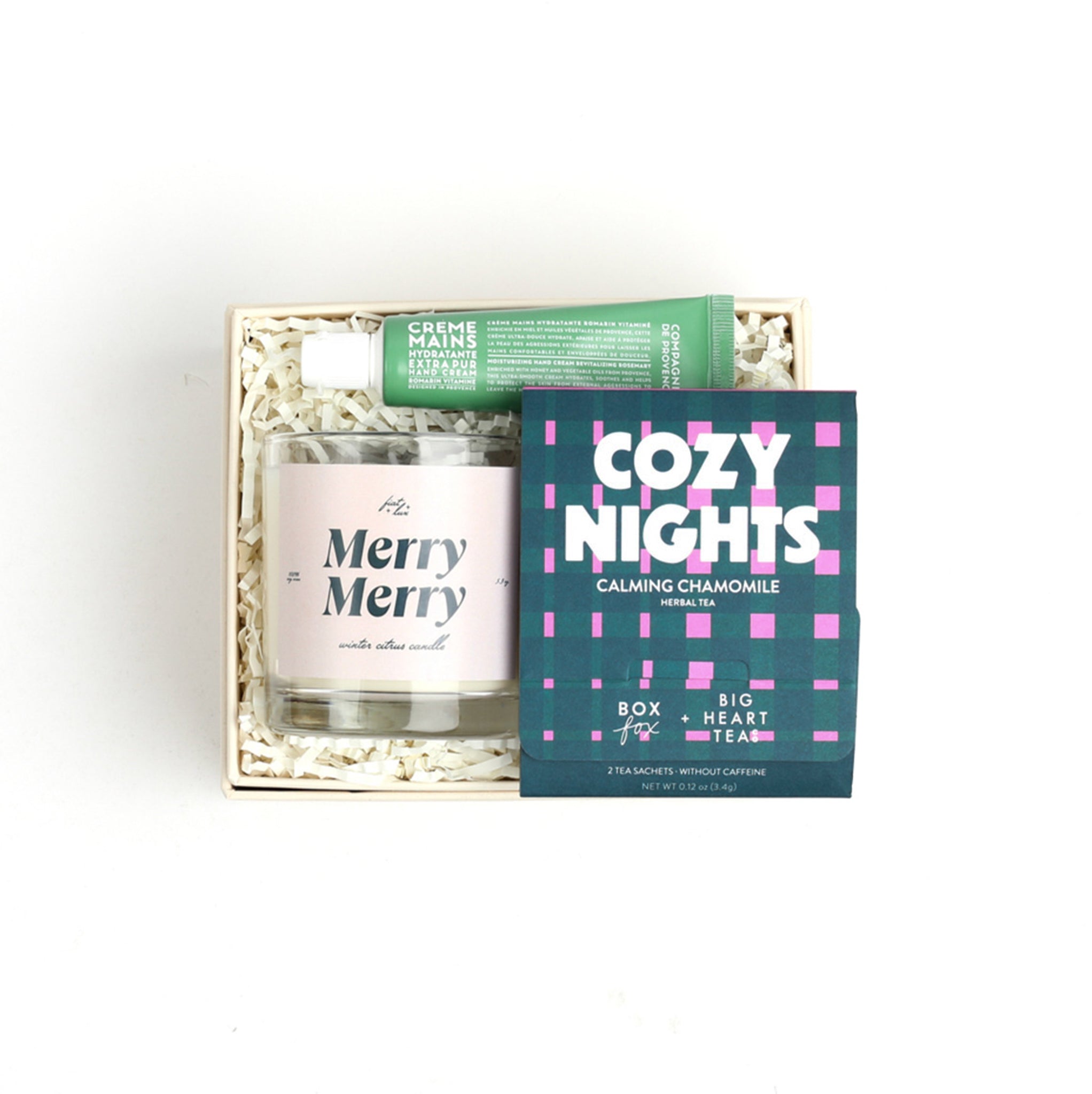 BOXFOX Mini creme gift box packed with rosemary hand creme, merry merry candle and cozy nights sachet tea