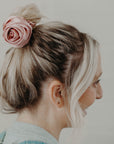 silk rose scrunchie in blonde hair