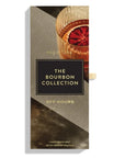 A sleek and elegant rectangular box labeled "The Bourbon Collection" by Sugarfina. The design features a rich, moody background and a glass of bourbon garnished with a dried orange slice.