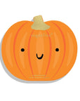 An orange pumpkin-shaped candy tin with a cute smiling face, black dot eyes, and a textured gold stem, shown on a white background with a soft drop shadow.