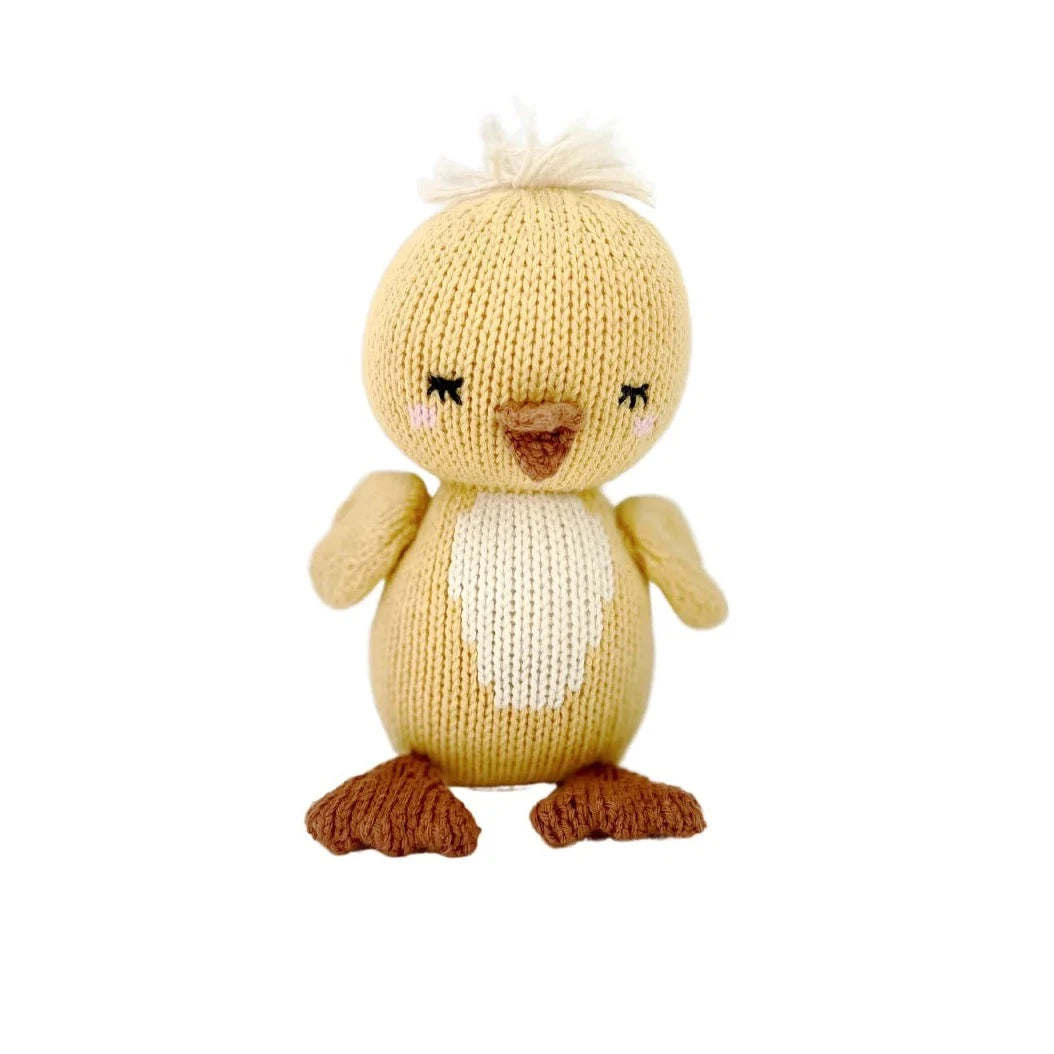Yellow knitted baby duck stuffed animal with brown feet and brown beak