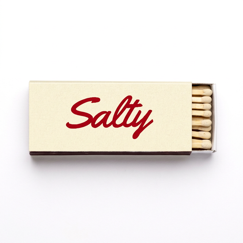 Two cream-colored matchboxes shown on a white background, one open with the brand name 'Salty' in red script and visible wooden matches, and one closed with only the match head visible.