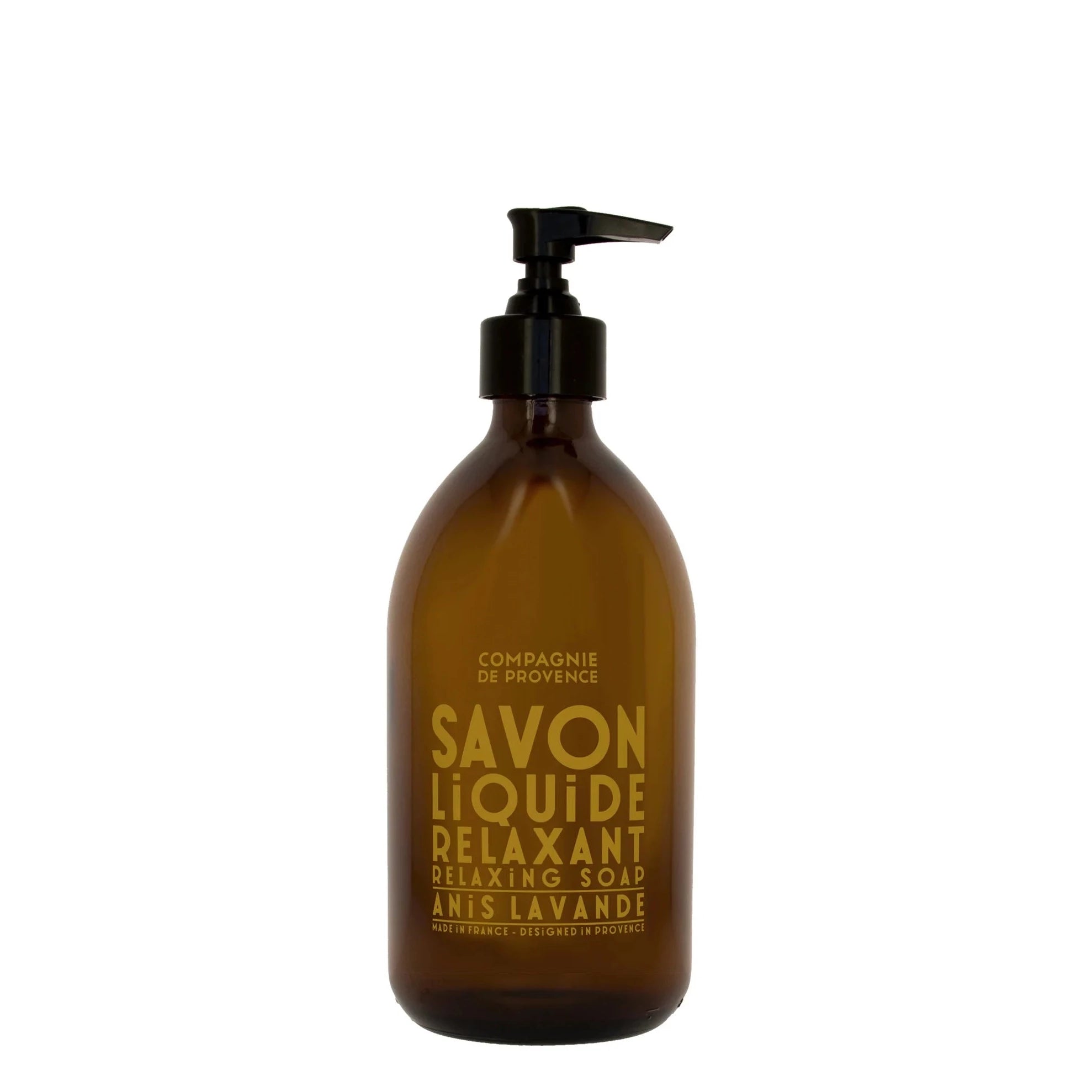 brown soap bottle with black dispenser. Has yellow text on the front