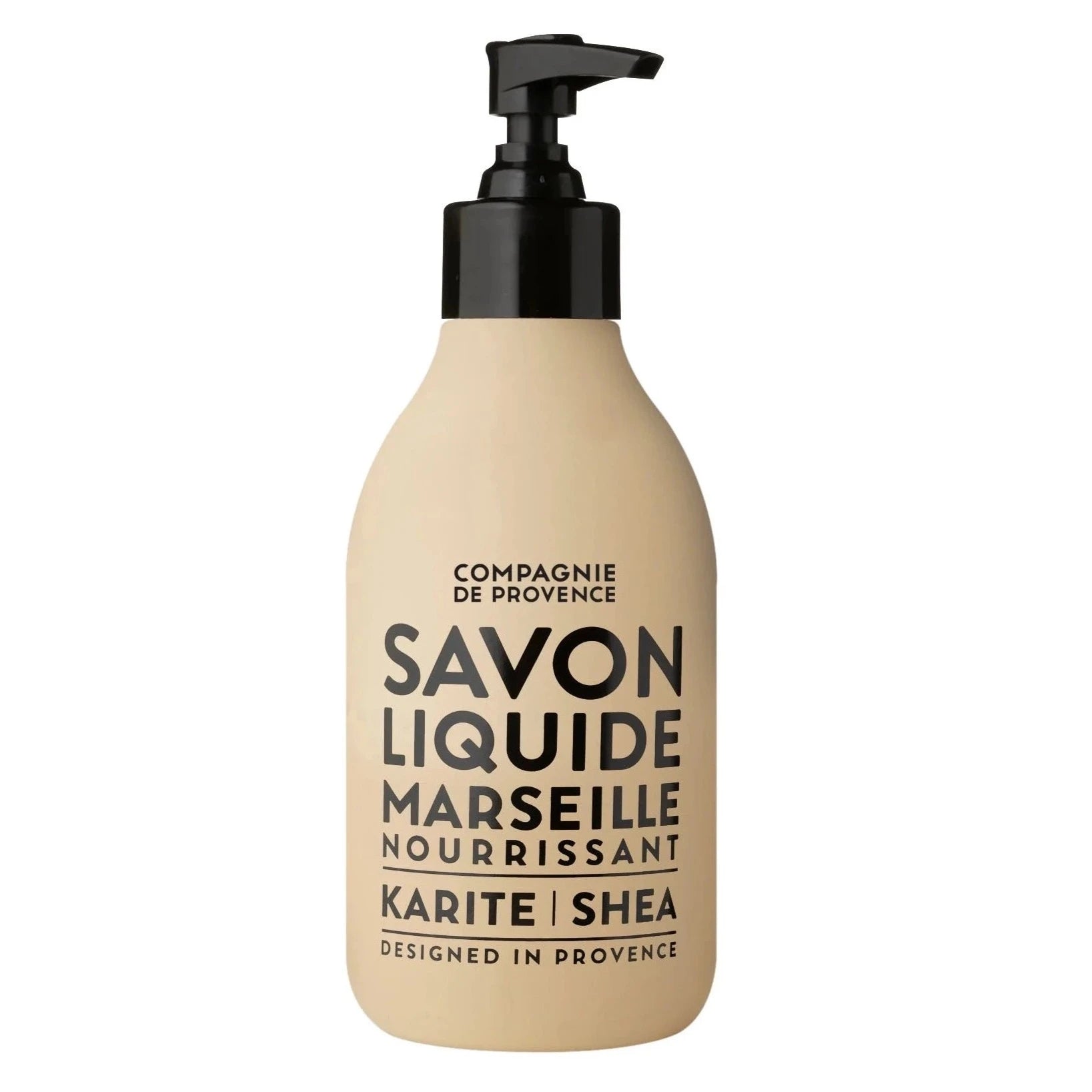 beige soap bottle with black text and black pump 