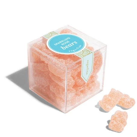 Clear plastic cube with pink sugar dusted bears inside