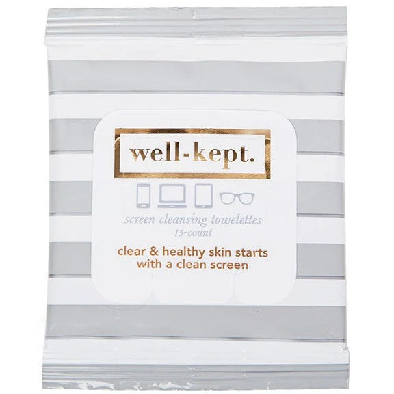 Pack of screen cleansing wipes with 'well-kept' branding on a white background