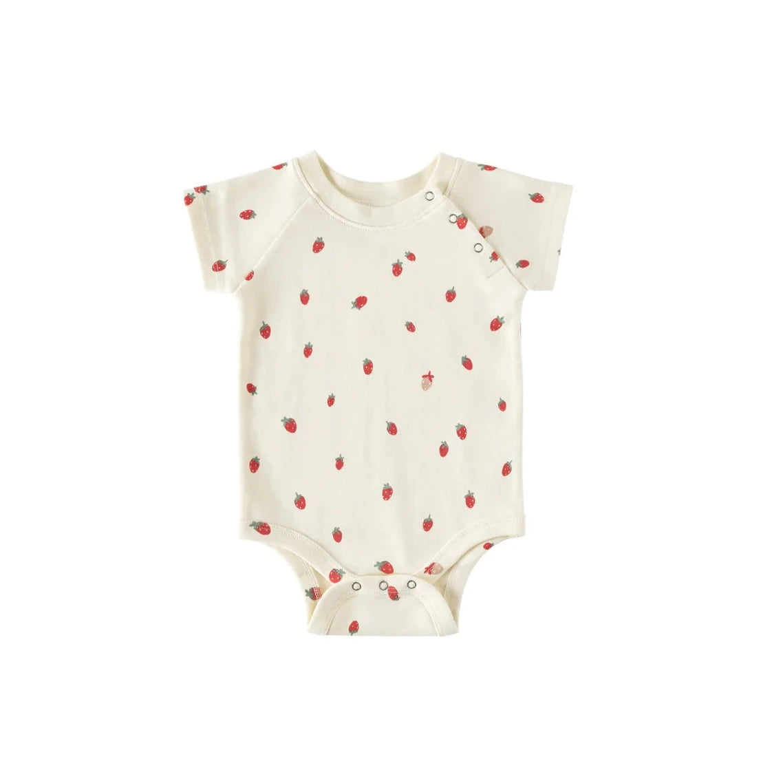 white onesie with buttons that snap on the front. has red strawberries printed all over it