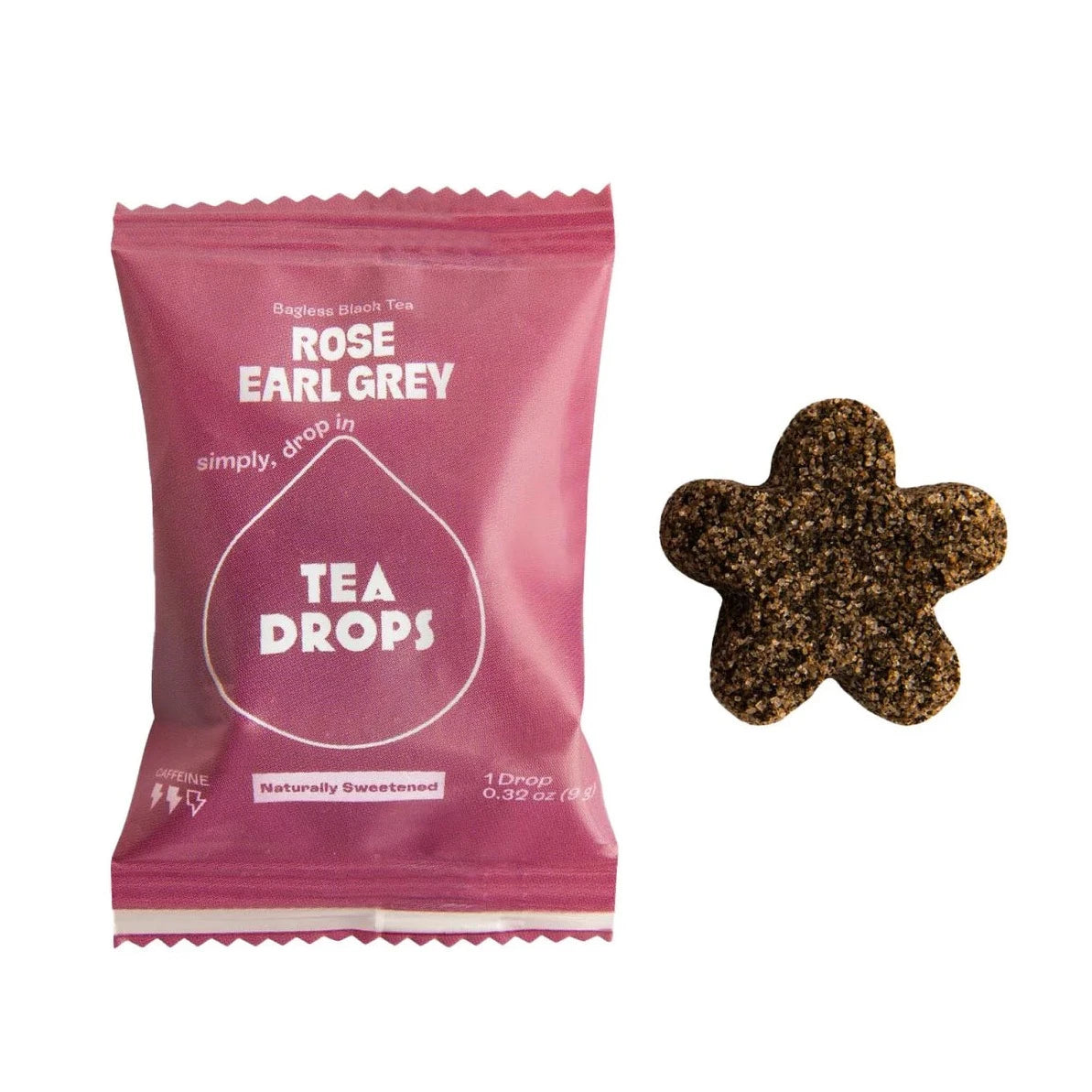 purple bag with white text for tea drop. star shaped tea drop next to it