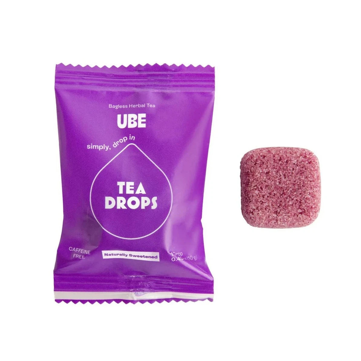 purple tea bag with purple compressed tea cube next to it