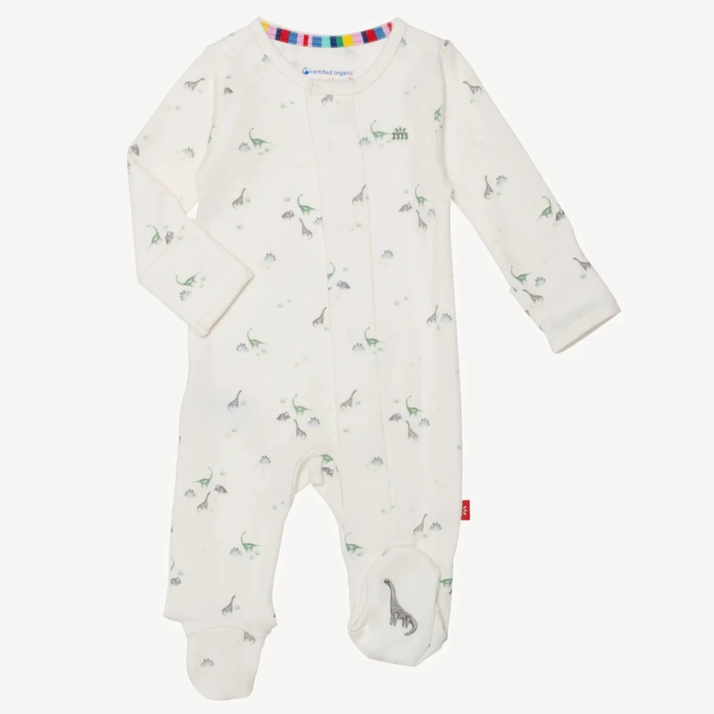 White long sleeve baby onesie with dinosaurs on it